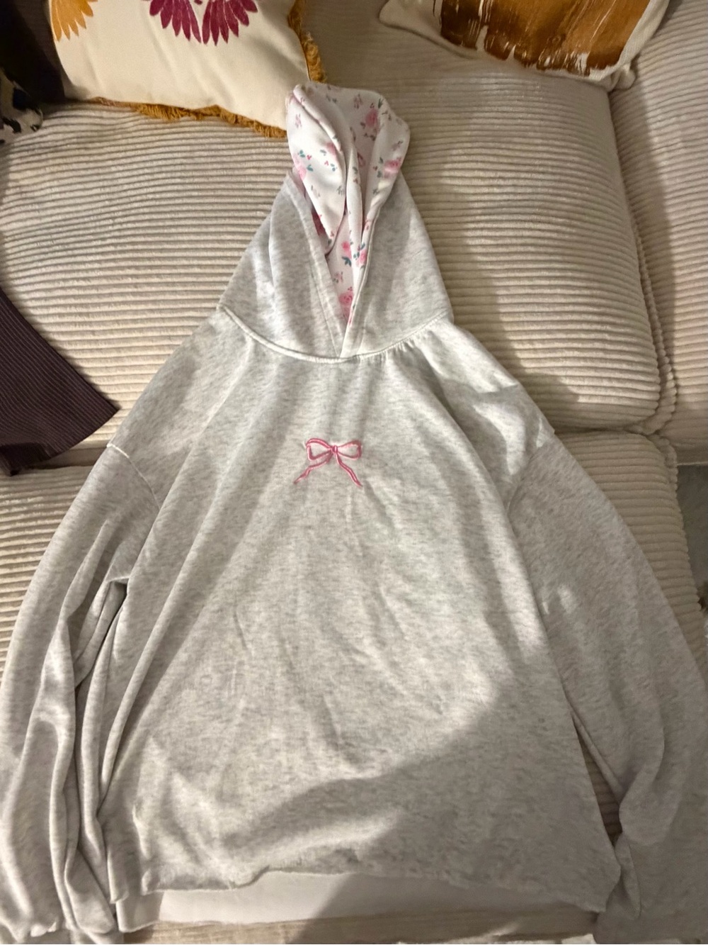 Cozy Light Gray Hoodie with Pink Bow Detail Priscilla Bay